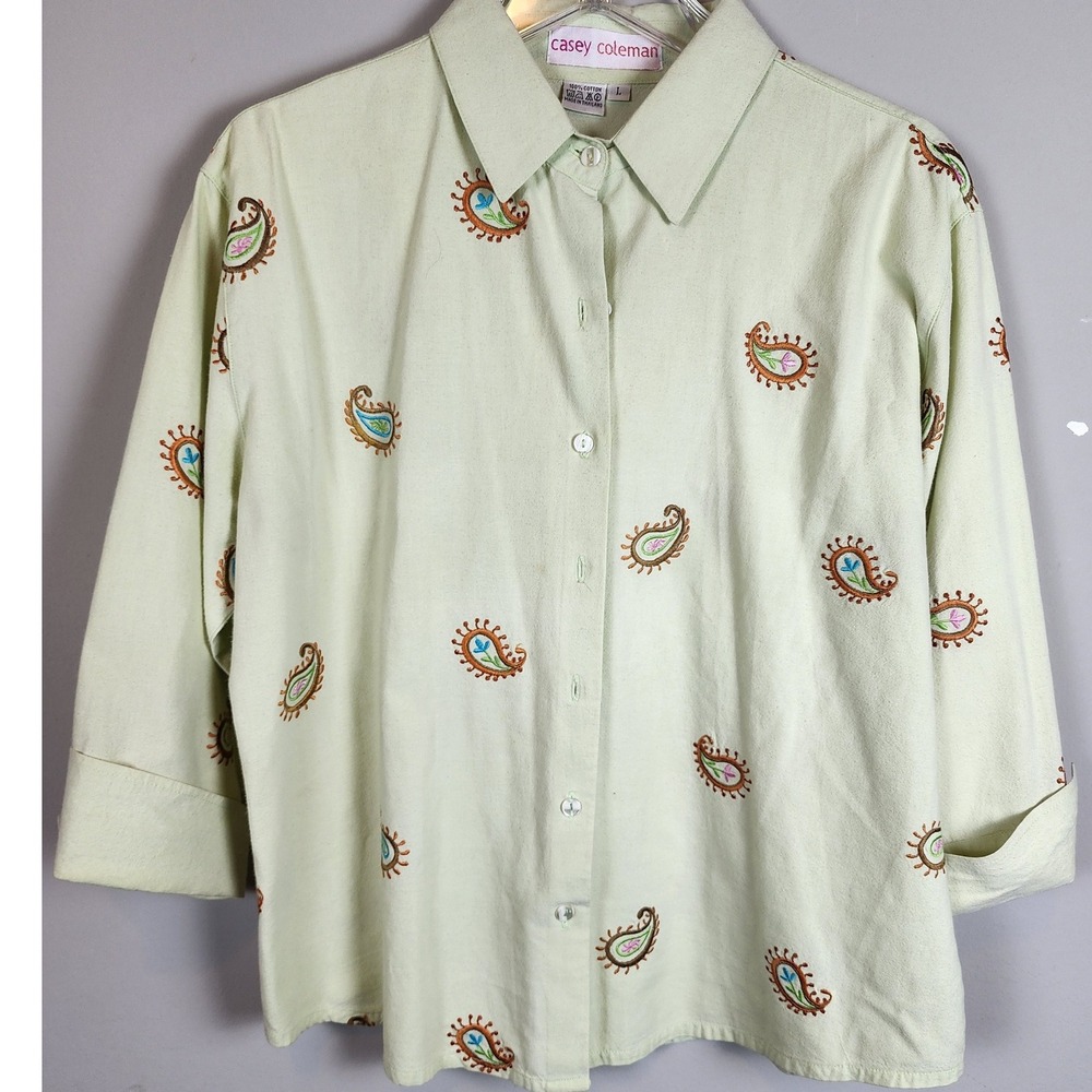 Casey Coleman Green Paisley Embroidered‎ Cotton Button Down Shirt Top Size L